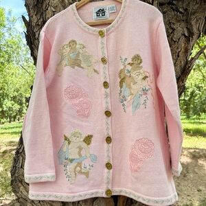 Vintage 90s HandKnits By Story Book Knits Angels Embroidered Cardigan Size L